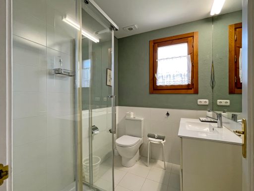 Baño moderno con ducha, inodoro y lavabo, paredes de color verde y ventanas con marcos de madera.