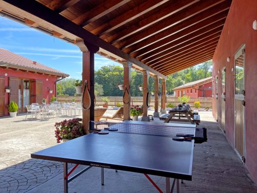 Terraza amplia con mesas bajo un tejado, rodeada de naturaleza y edificios rojos.